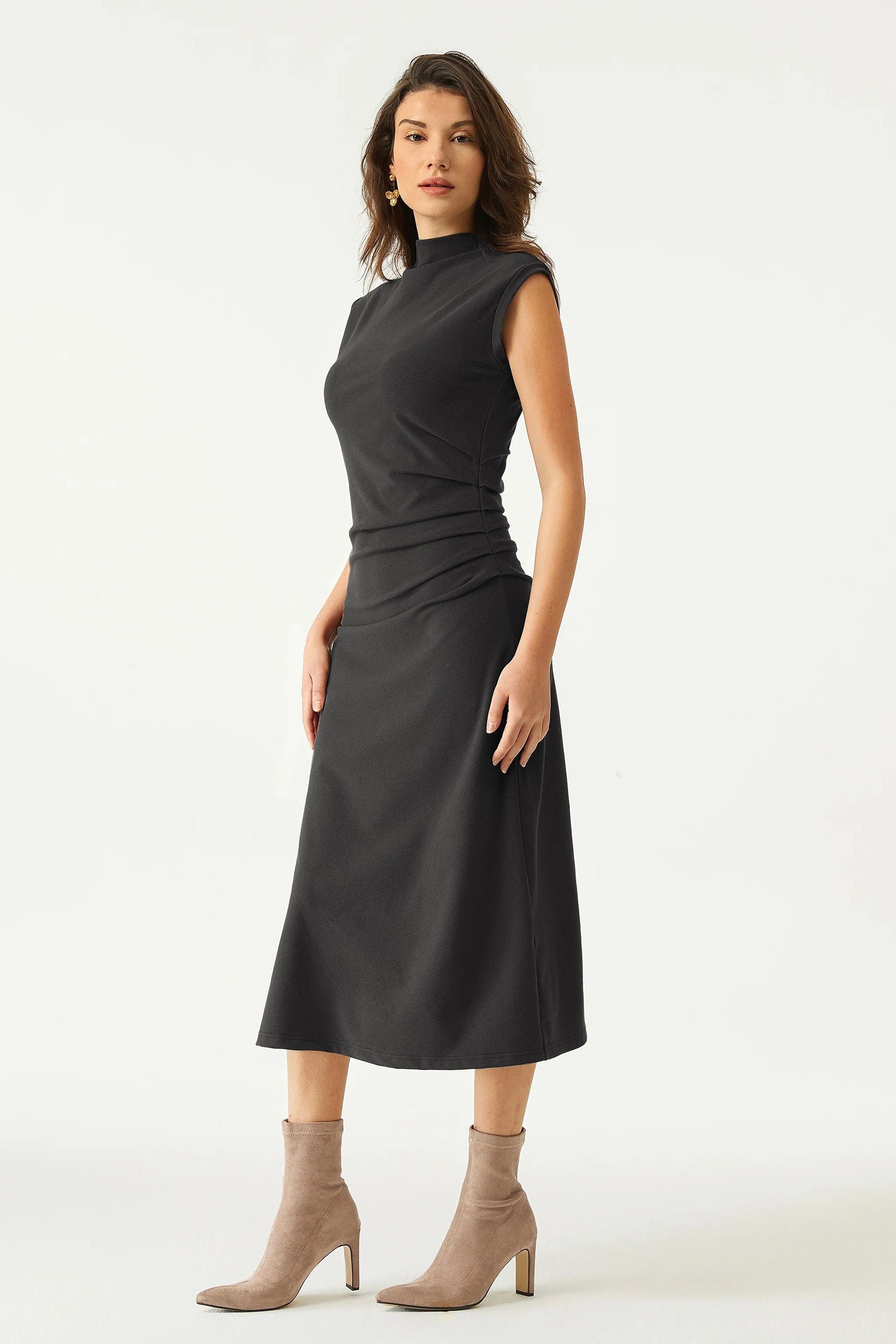 Mockneck Tucks Midi Dress