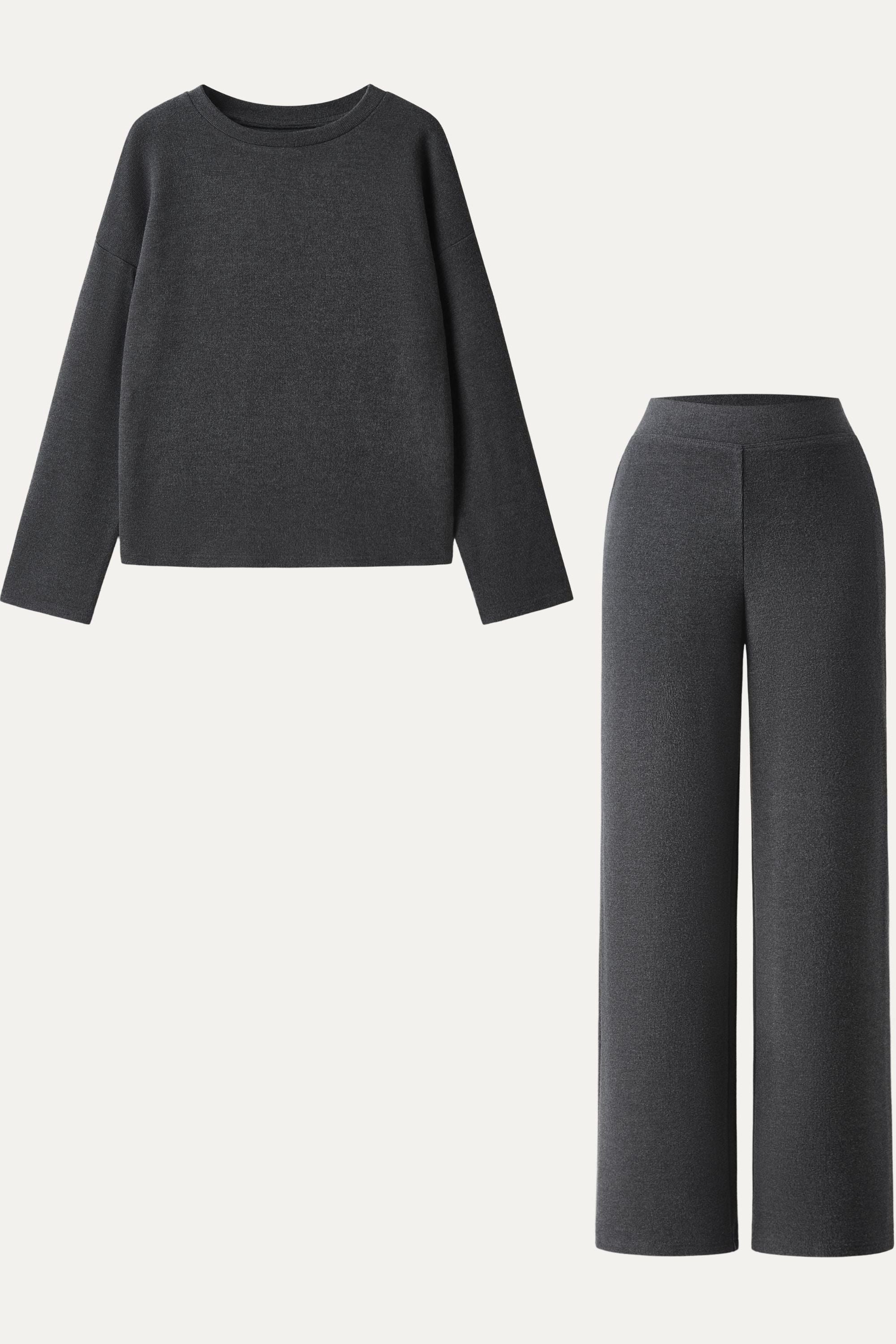 2Pcs Set Long Sleeve Top & Mid Rise Straight Leg Pants