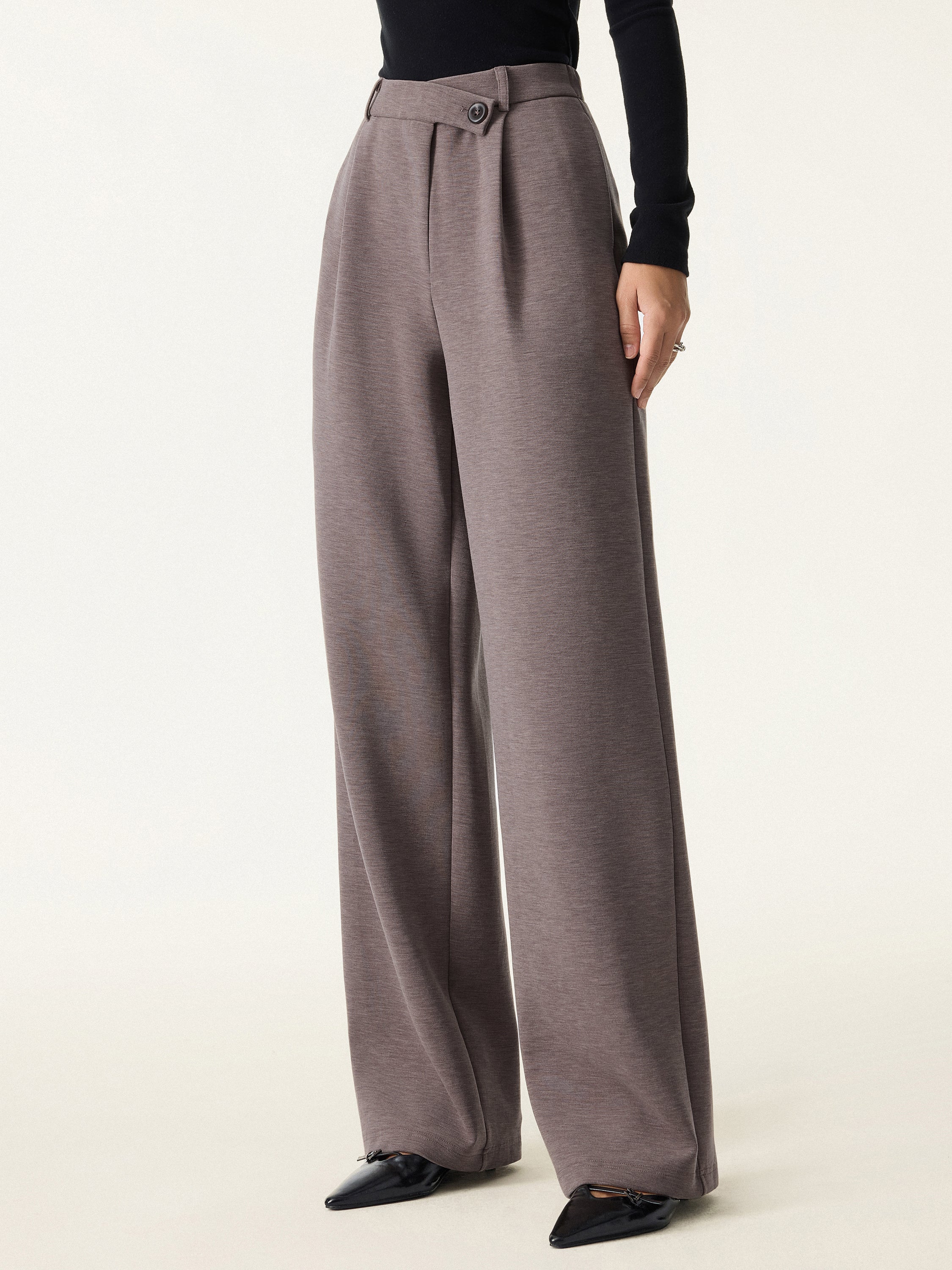 Jero™ | Cozy Warm High Rise Slanted Fly Front Wide Leg Pants
