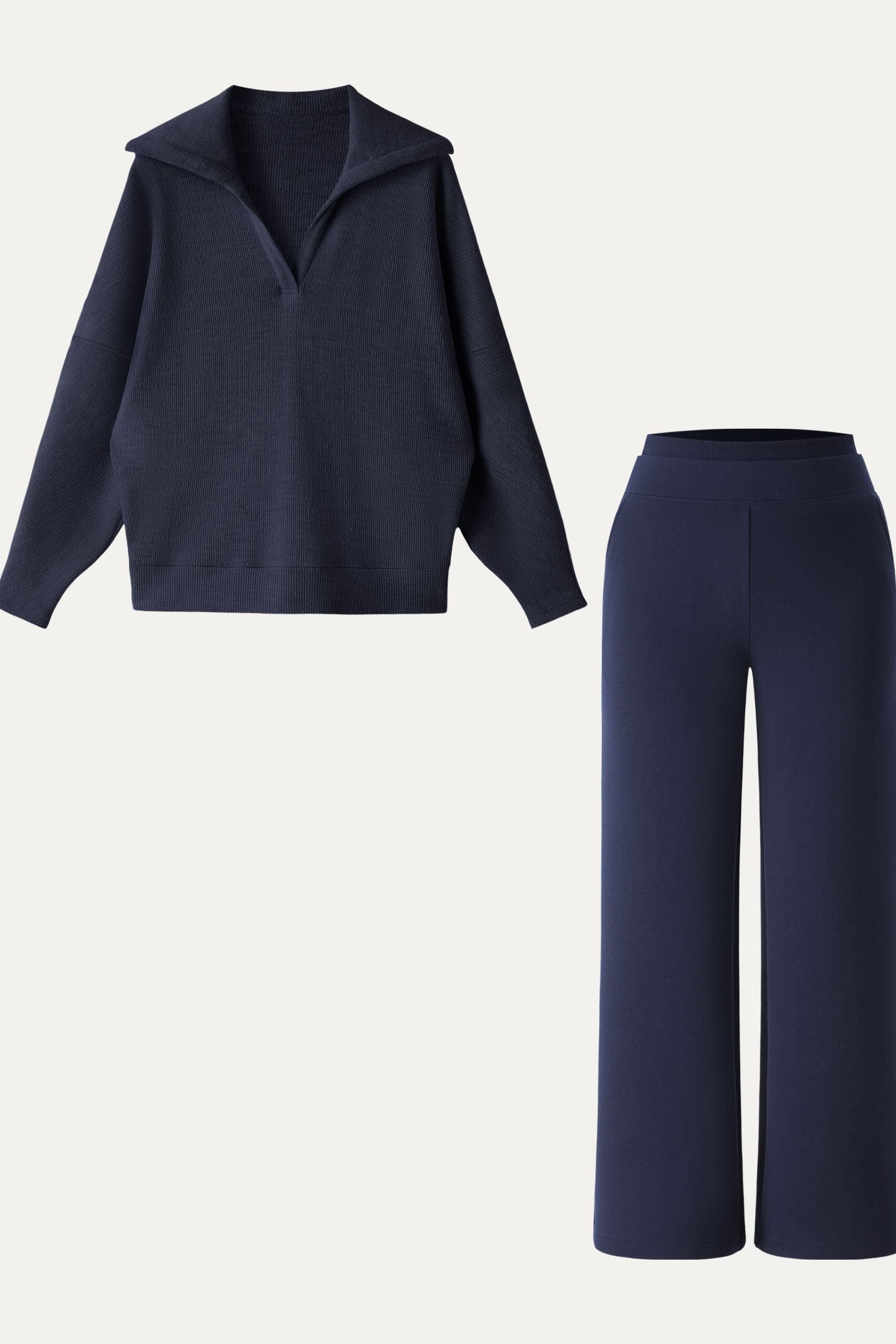 2Pcs Set Petite Double Waistband Straight Pants & V-Neck Batwing Sleeve Pullover
