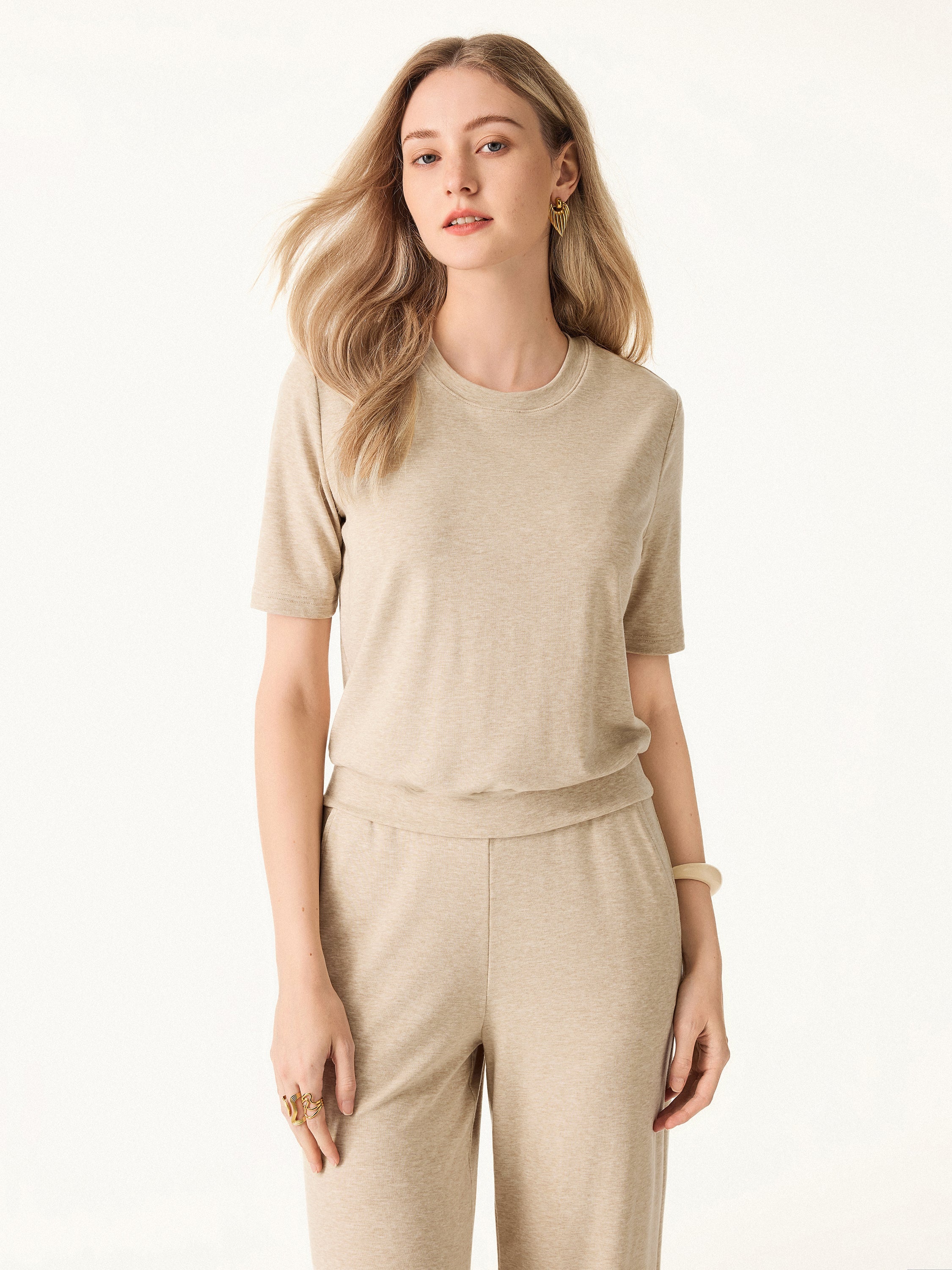 Jero ™ | 2Pcs Set Petite Mid Rise Wide Leg Pants with Pockets & Crewneck Brami with Banded Hem