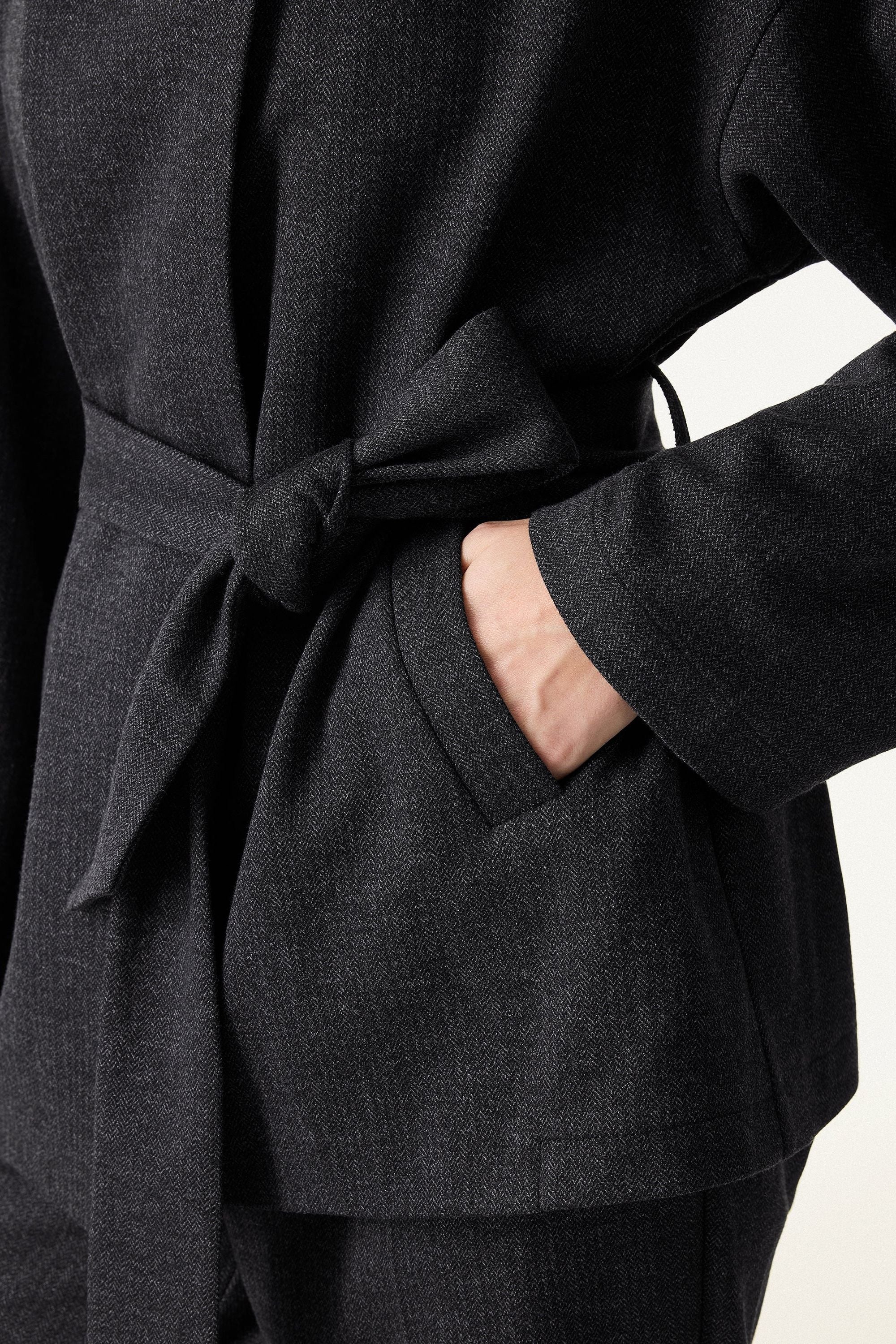 2Pcs Set Regular Tapered Trousers & Retro Belted Jacket