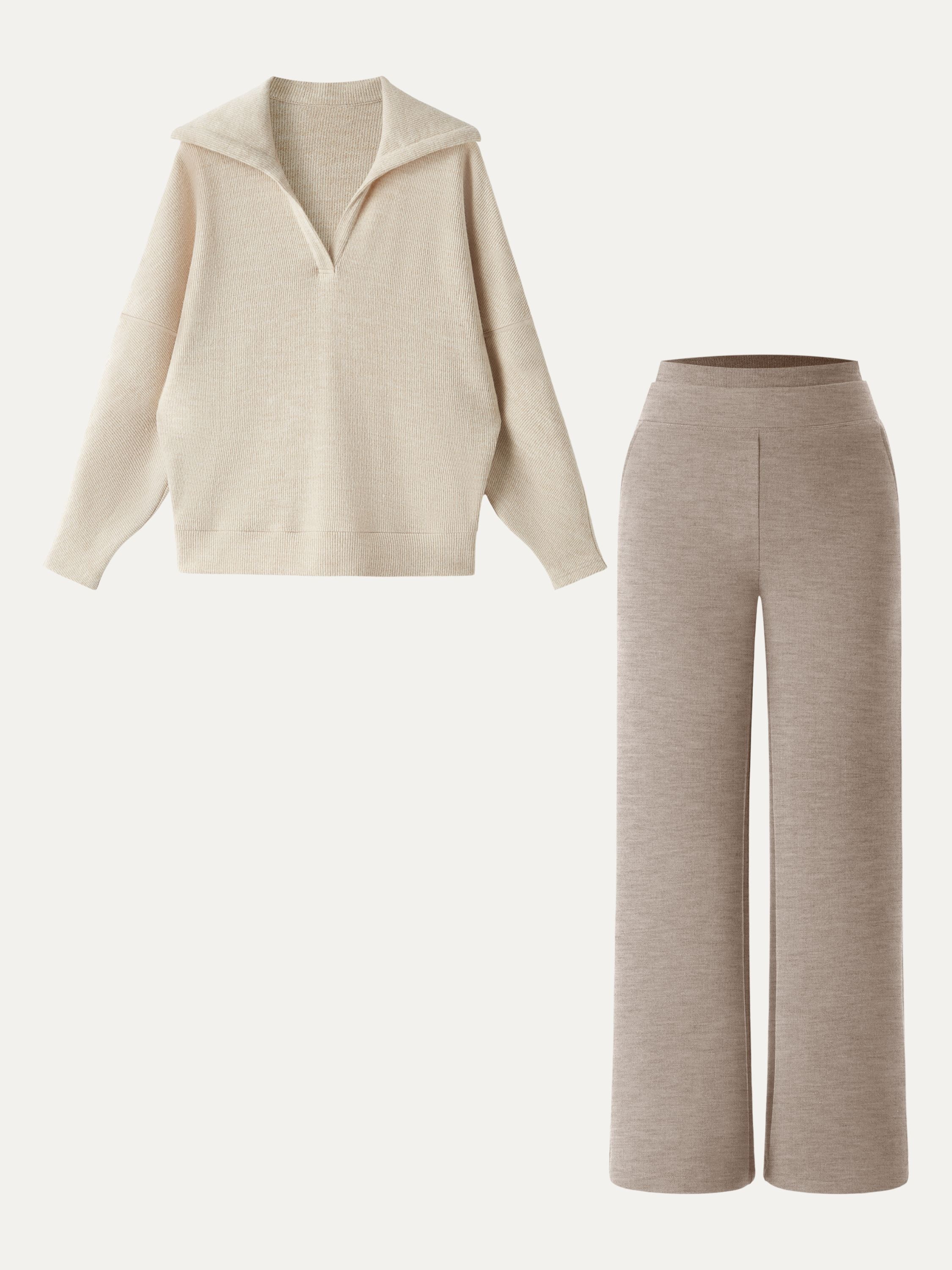 Jero ™ | 2Pcs Set Double Waistband Straight Pants & V-Neck Batwing Sleeve Pullover