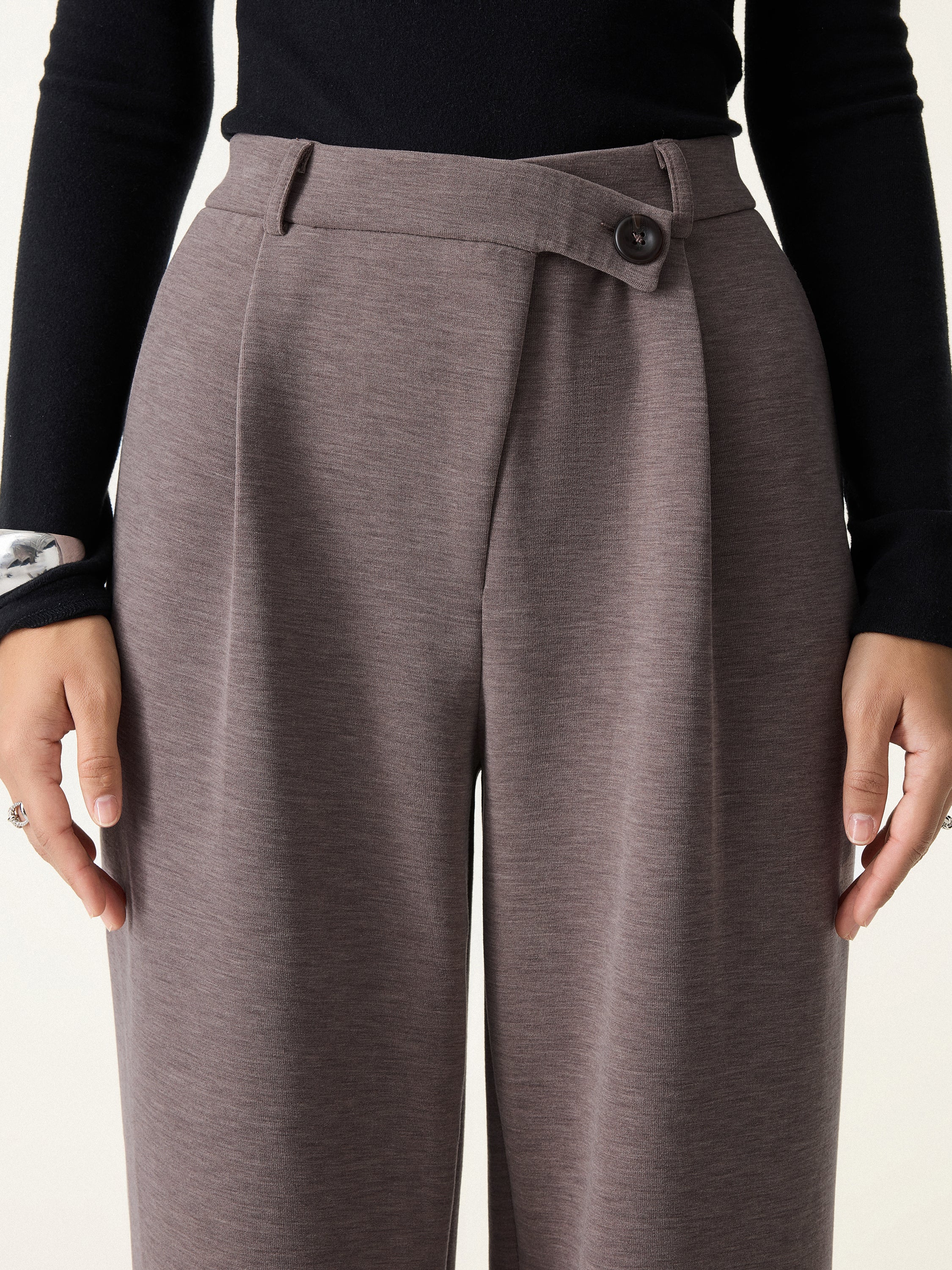 Jero™ | Cozy Warm High Rise Slanted Fly Front Wide Leg Pants