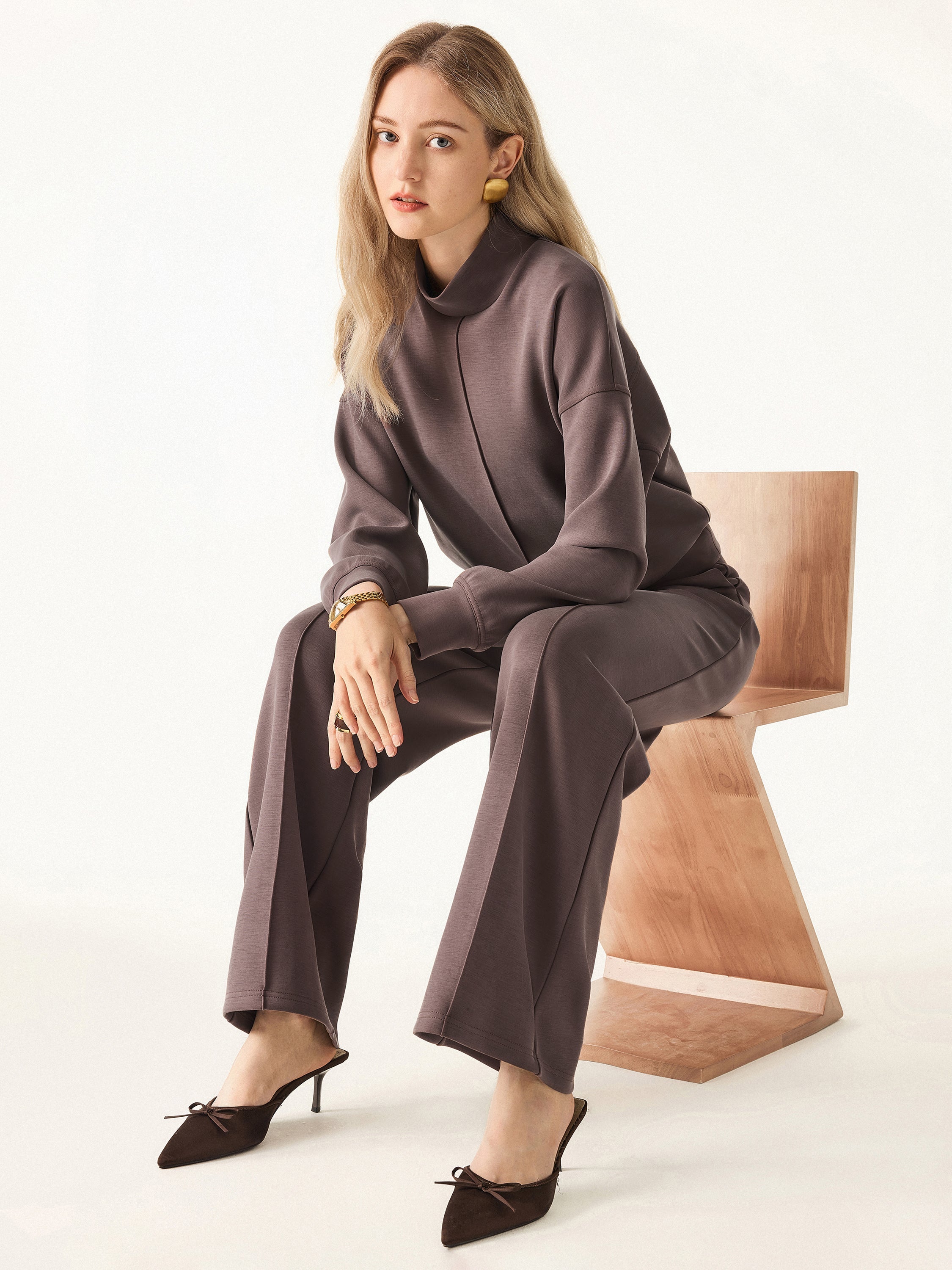 Jero ™  | 2Pcs Set Mockneck Pullover Shirt & Mid Rise Straight Leg Pants with Pockets