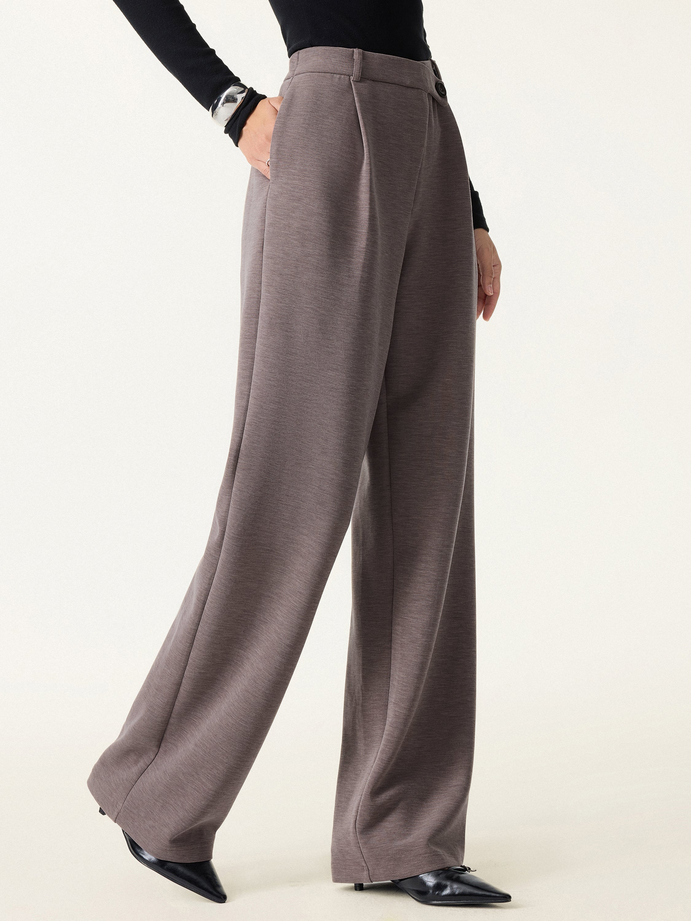 Jero™ | Cozy Warm High Rise Slanted Fly Front Wide Leg Pants