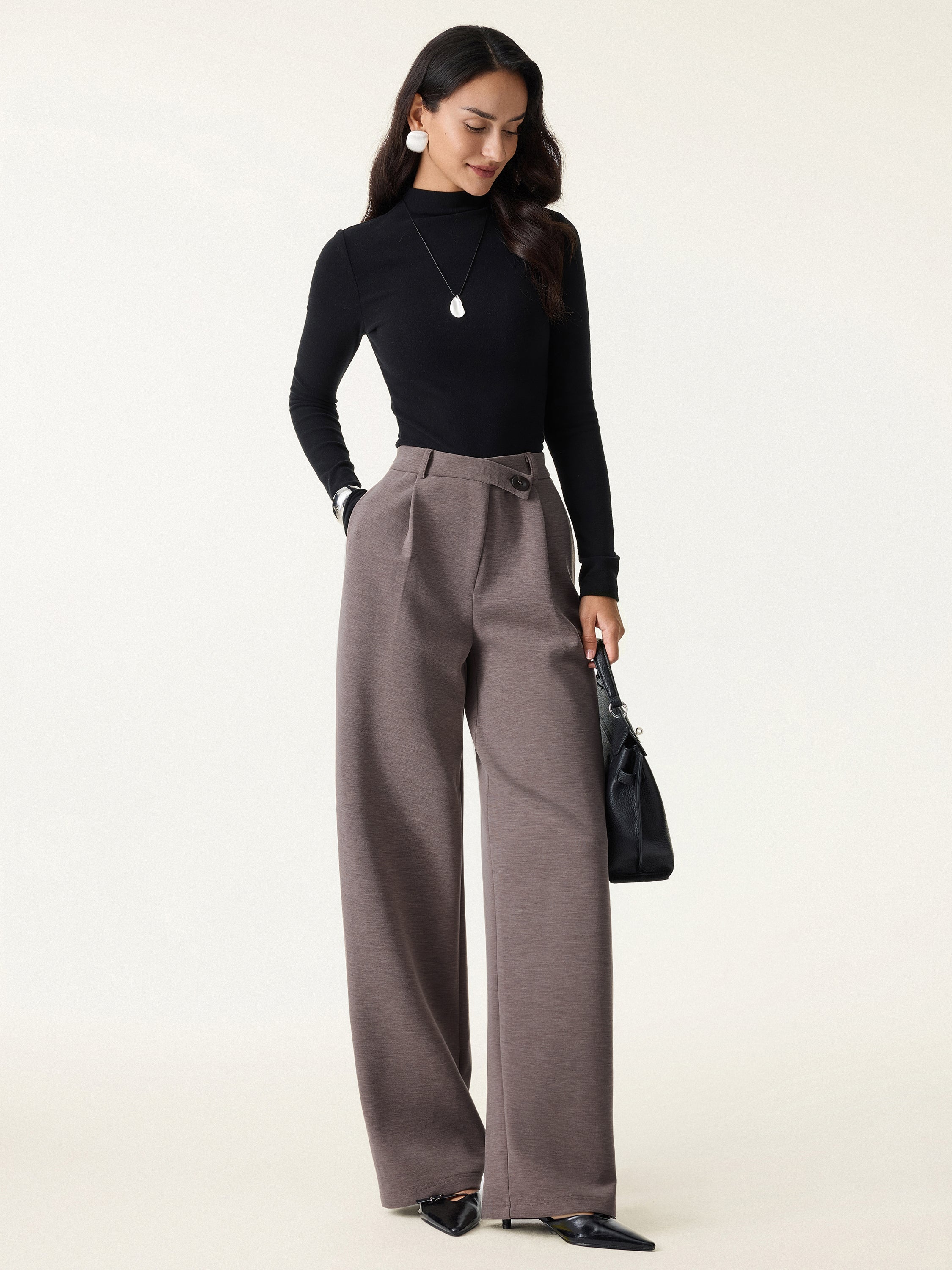 Jero™ | Cozy Warm High Rise Slanted Fly Front Wide Leg Pants