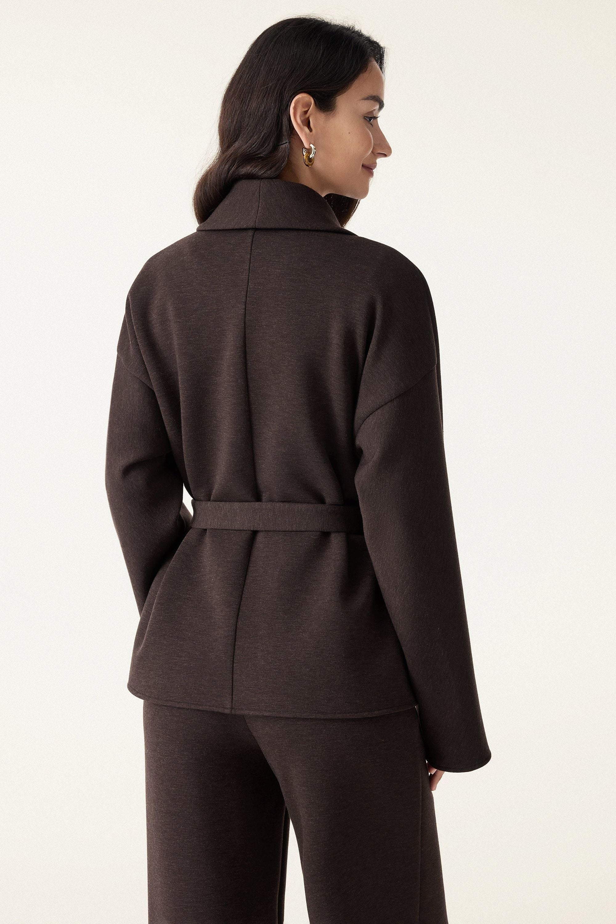 2Pcs Set Shawl Belted Outerwear & Pull-on Pants