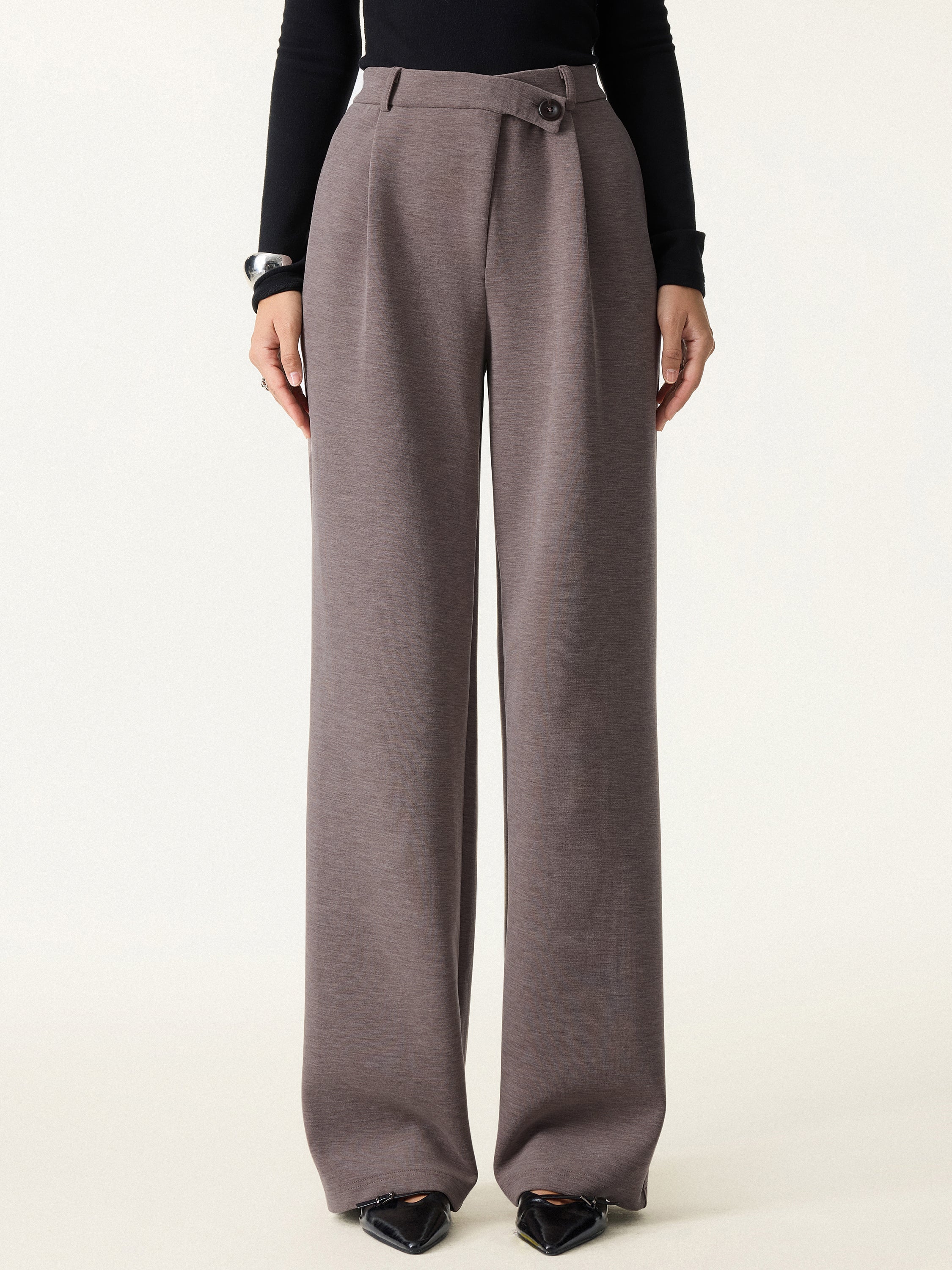 Jero™ | Cozy Warm High Rise Slanted Fly Front Wide Leg Pants