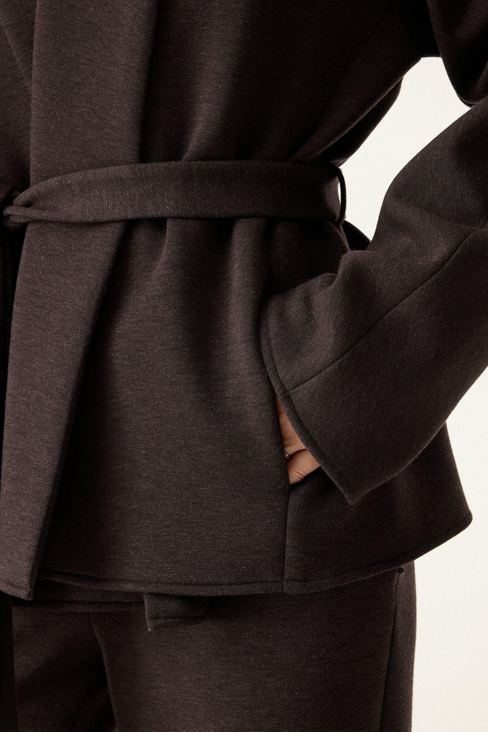2Pcs Set Shawl Belted Outerwear & Pull-on Pants