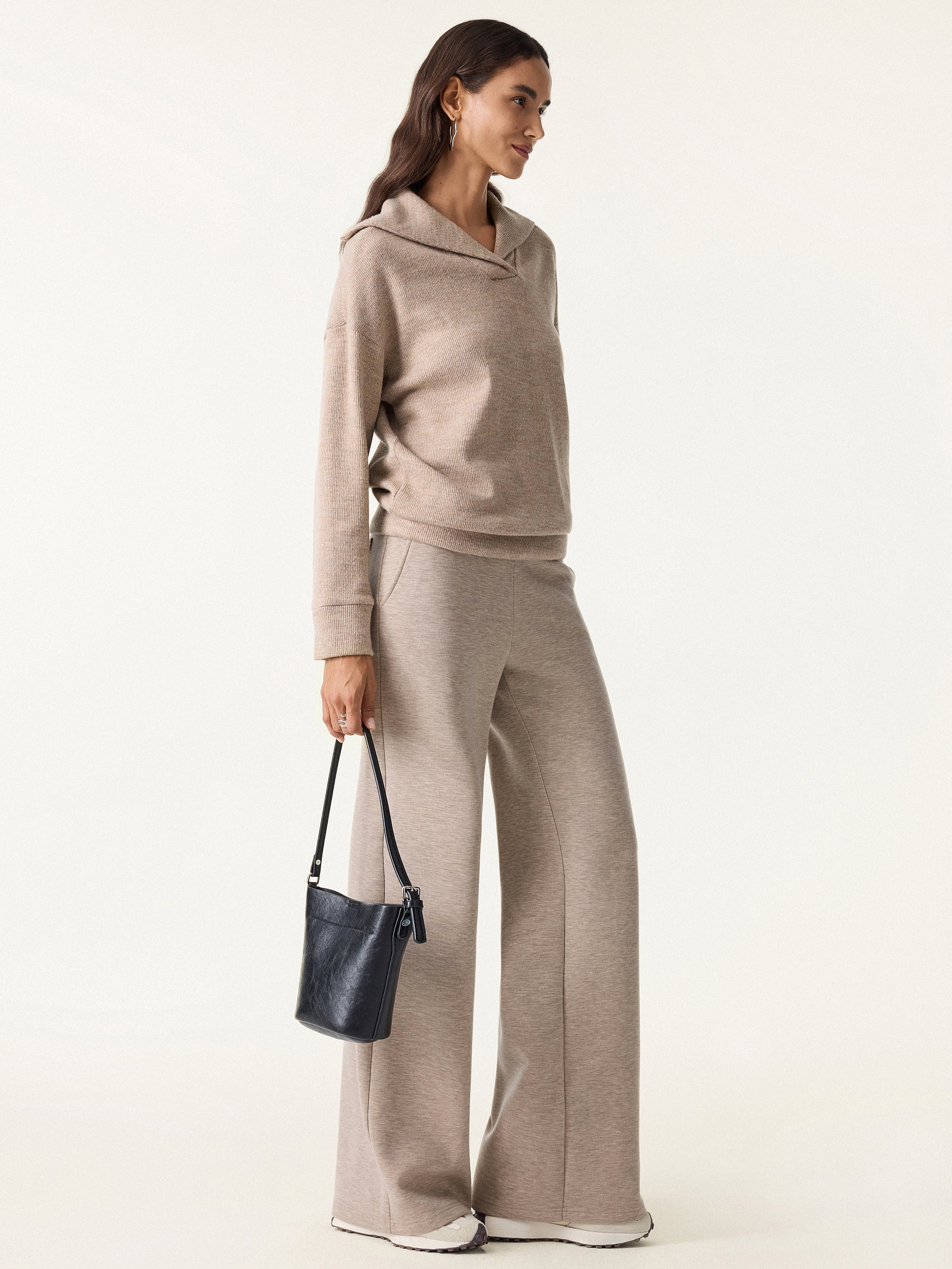 Jero ™ | 2Pcs Set Petite Double Waistband Straight Pants & V-Neck Batwing Sleeve Pullover