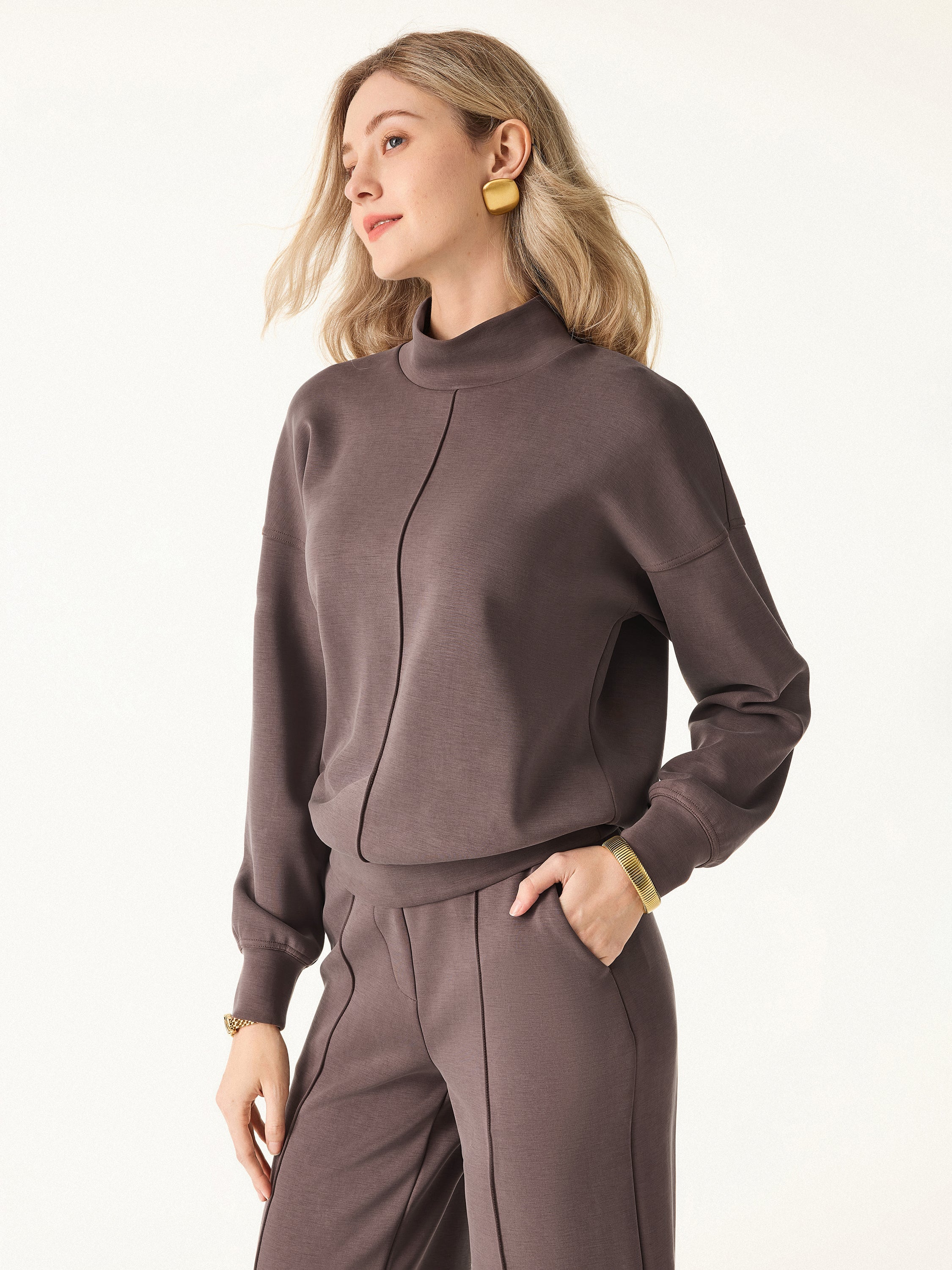 Jero ™  | 2Pcs Set Mockneck Pullover Shirt & Mid Rise Straight Leg Pants with Pockets